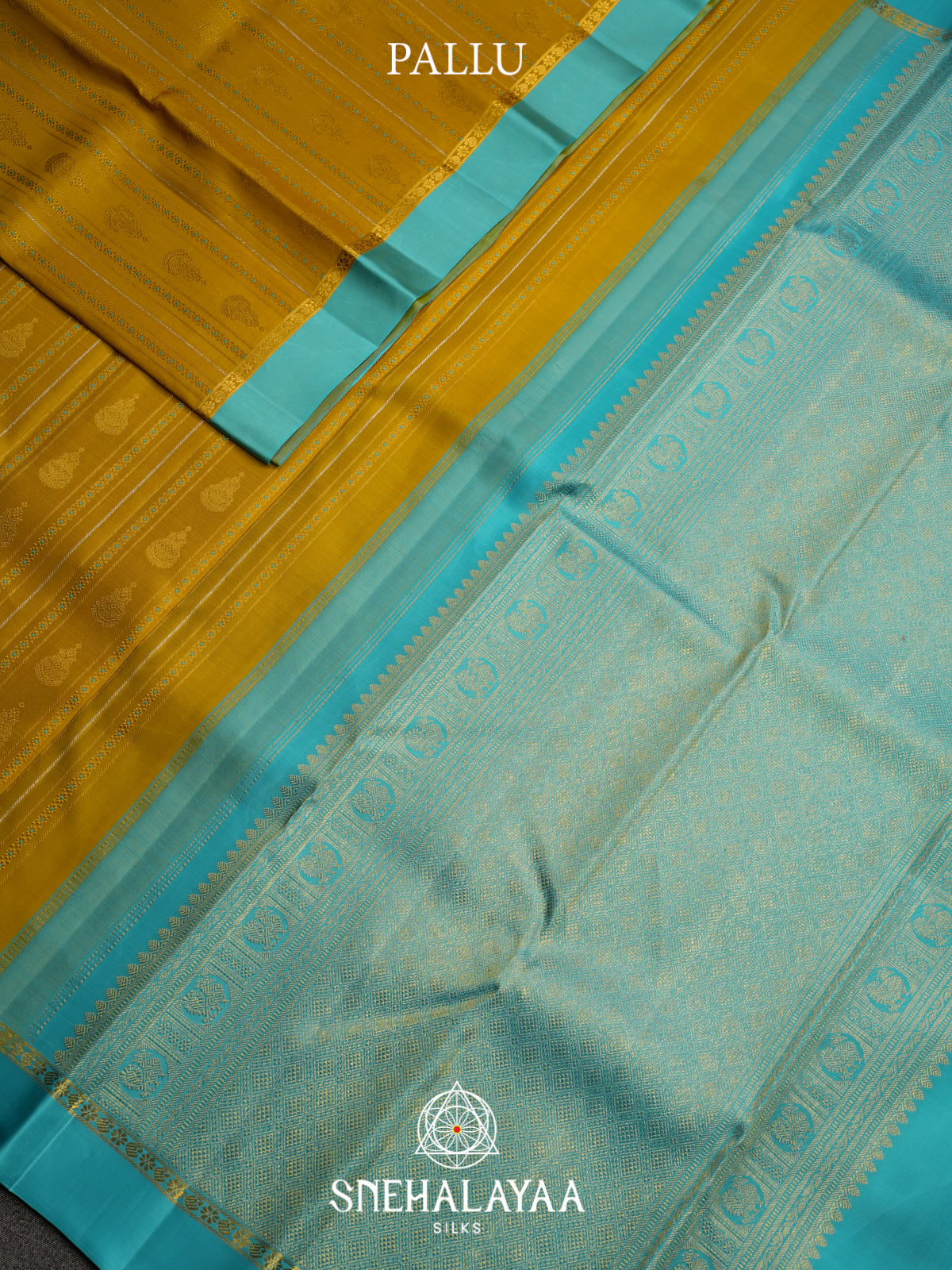 Mustard Yellow Kanjivaram Silk Saree with Turquoise Blue Border
