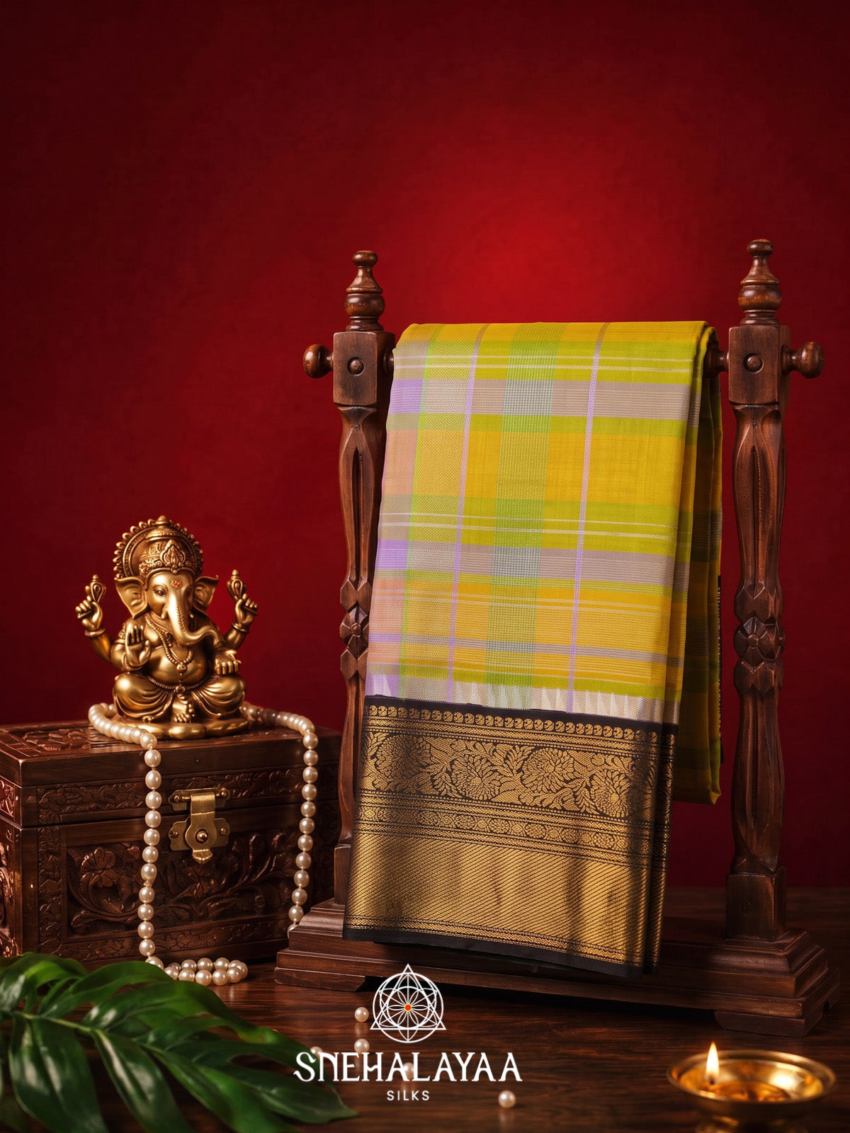 Multicolour Checked Kanjivaram Silk Saree with Black Zari Border