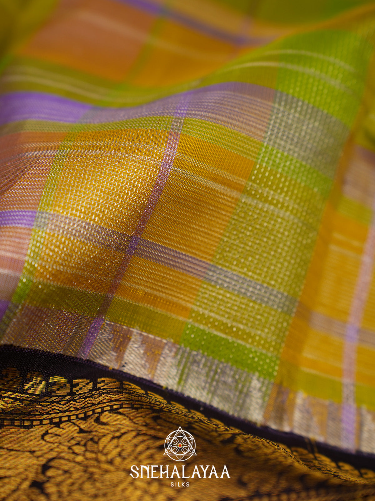 Multicolour Checked Kanjivaram Silk Saree with Black Zari Border