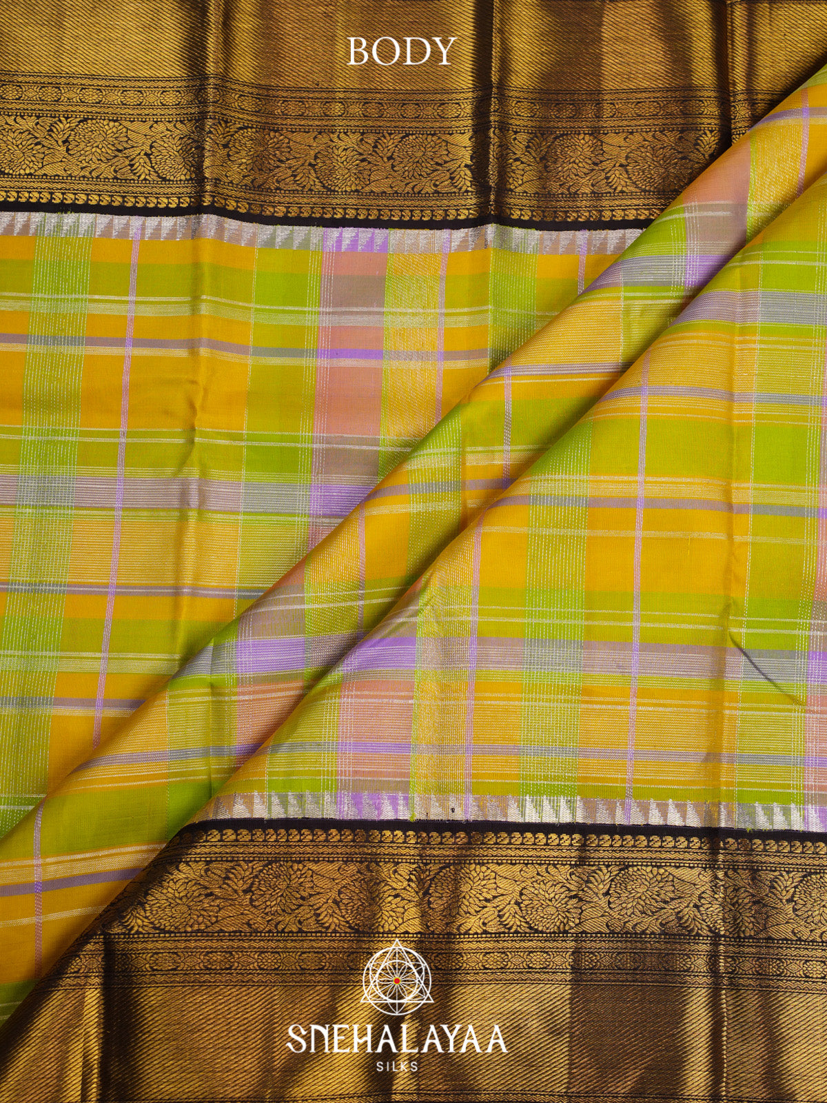 Multicolour Checked Kanjivaram Silk Saree with Black Zari Border
