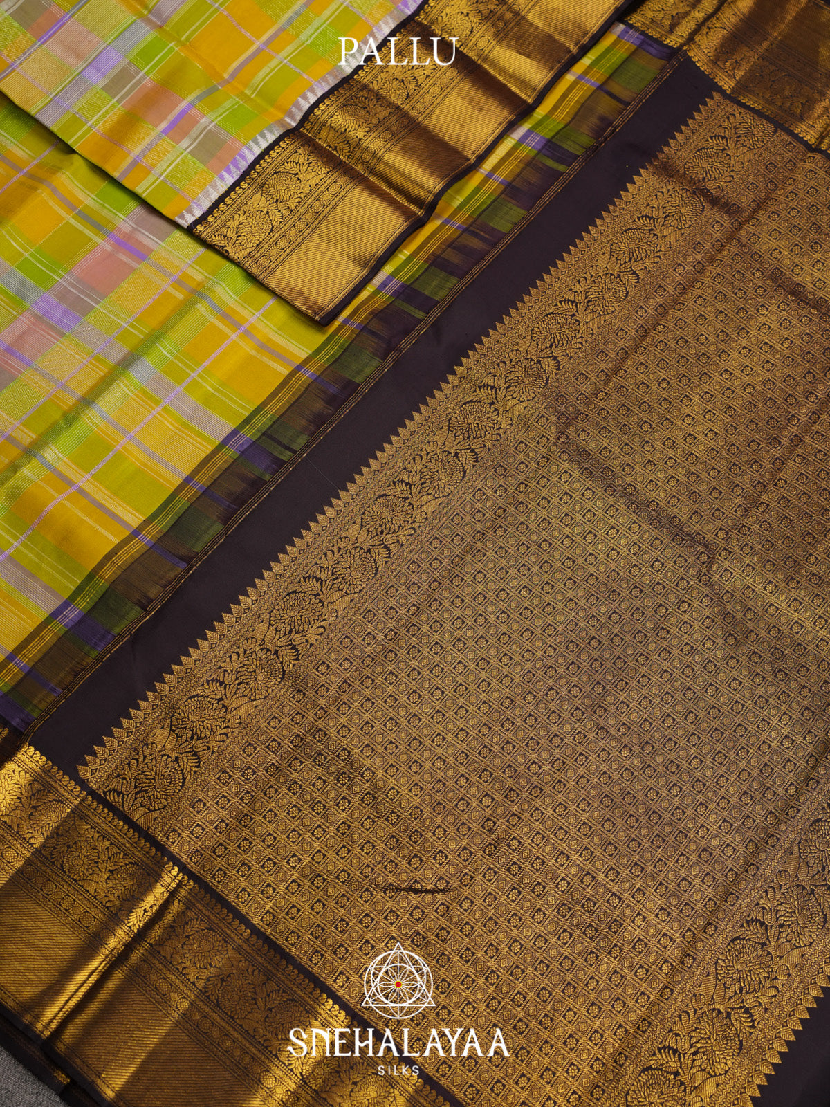 Multicolour Checked Kanjivaram Silk Saree with Black Zari Border