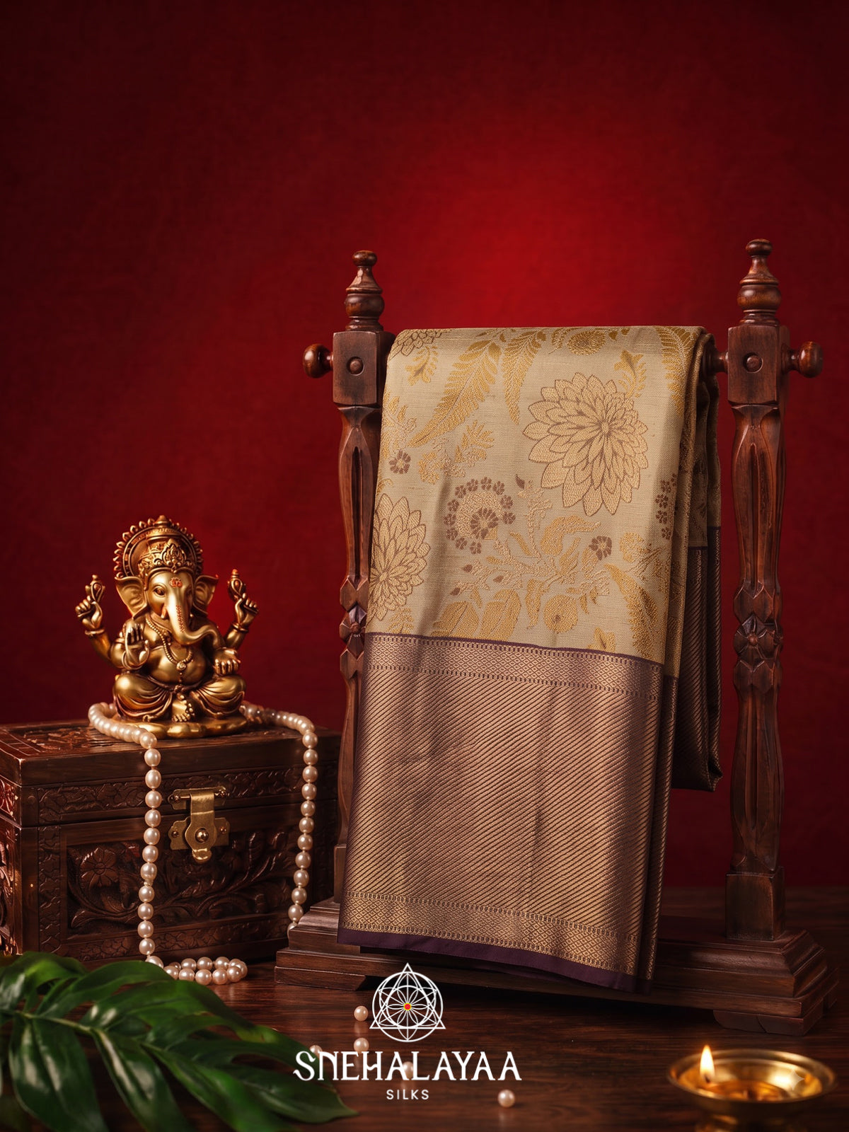 Cream Kanjivaram Silk Saree with Floral Zari Weaving and Purple Border