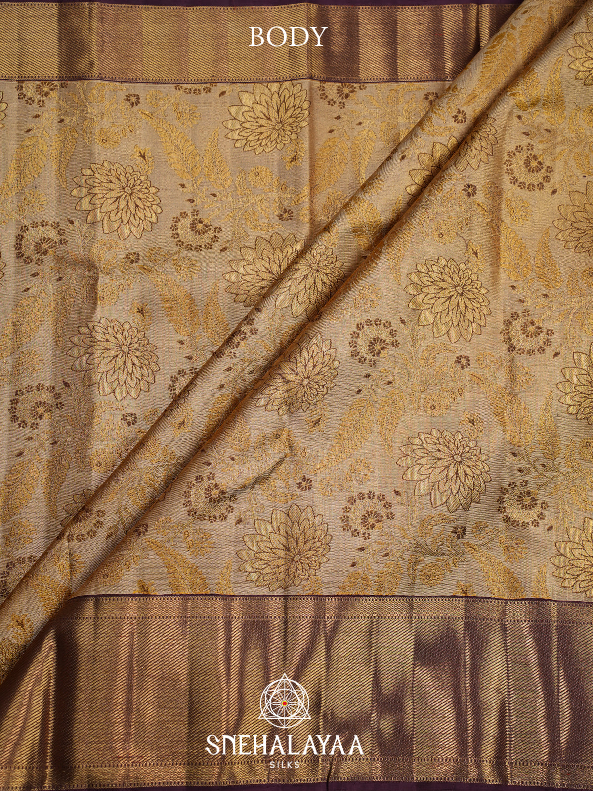 Cream Kanjivaram Silk Saree with Floral Zari Weaving and Purple Border
