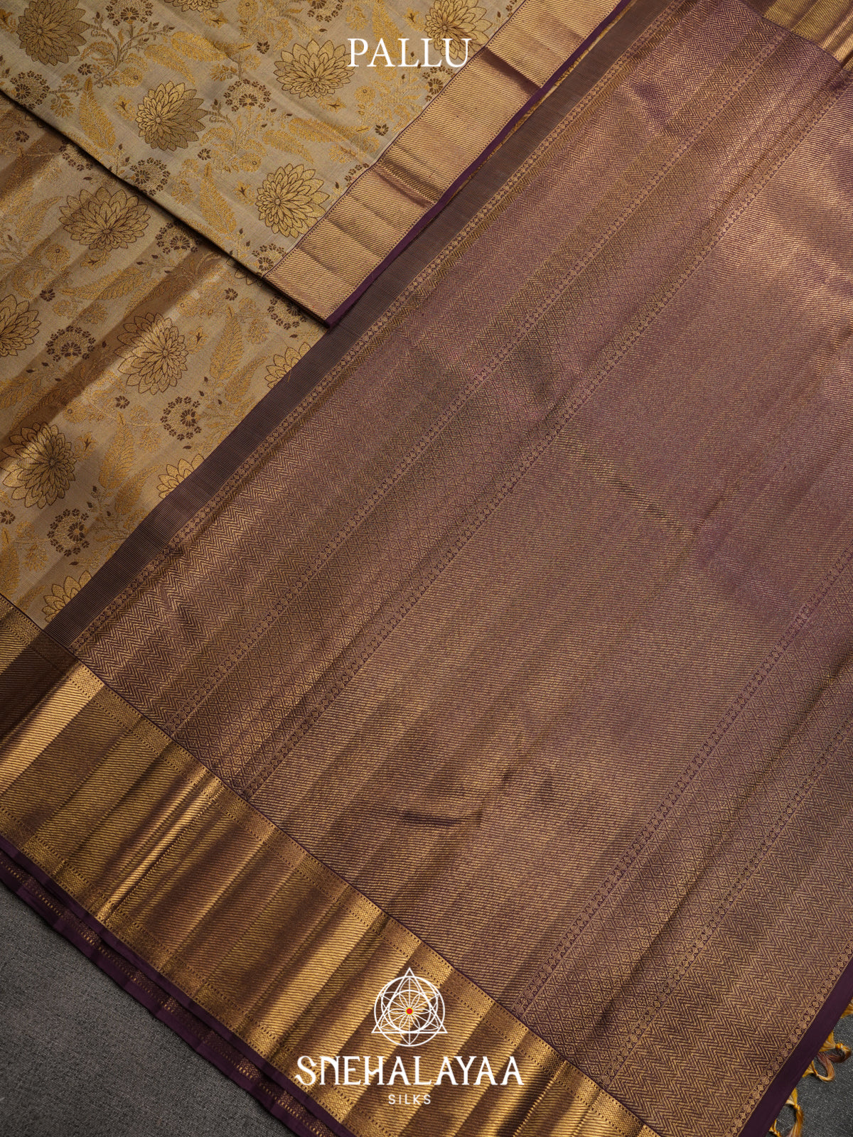 Cream Kanjivaram Silk Saree with Floral Zari Weaving and Purple Border