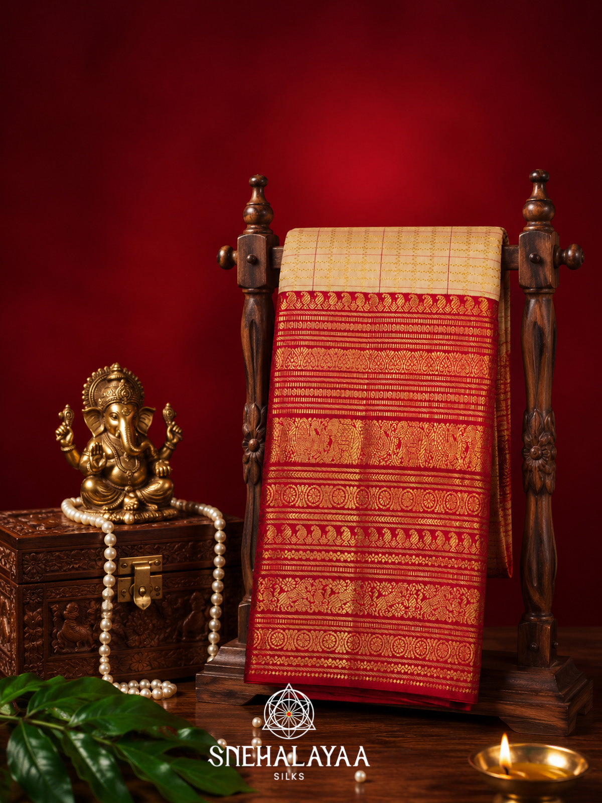 Cream Kanjivaram Silk Saree with Red Zari Border