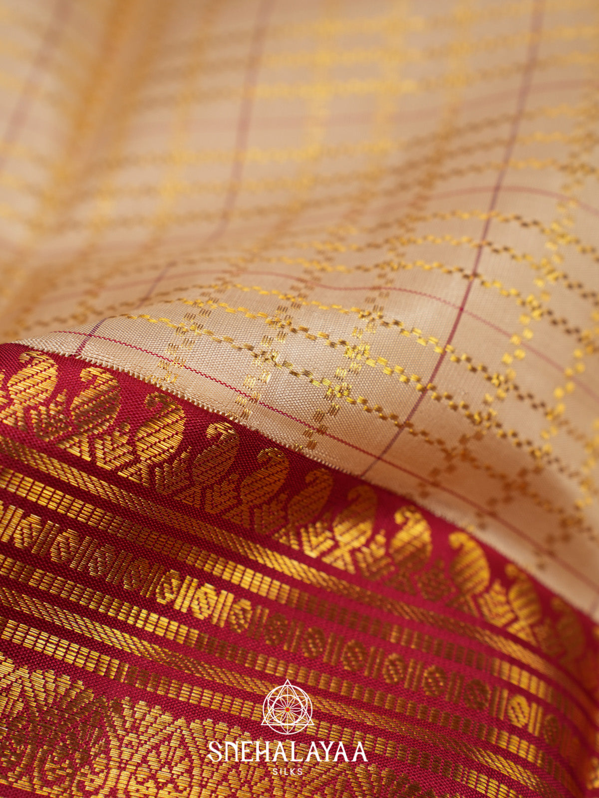 Cream Kanjivaram Silk Saree with Red Zari Border