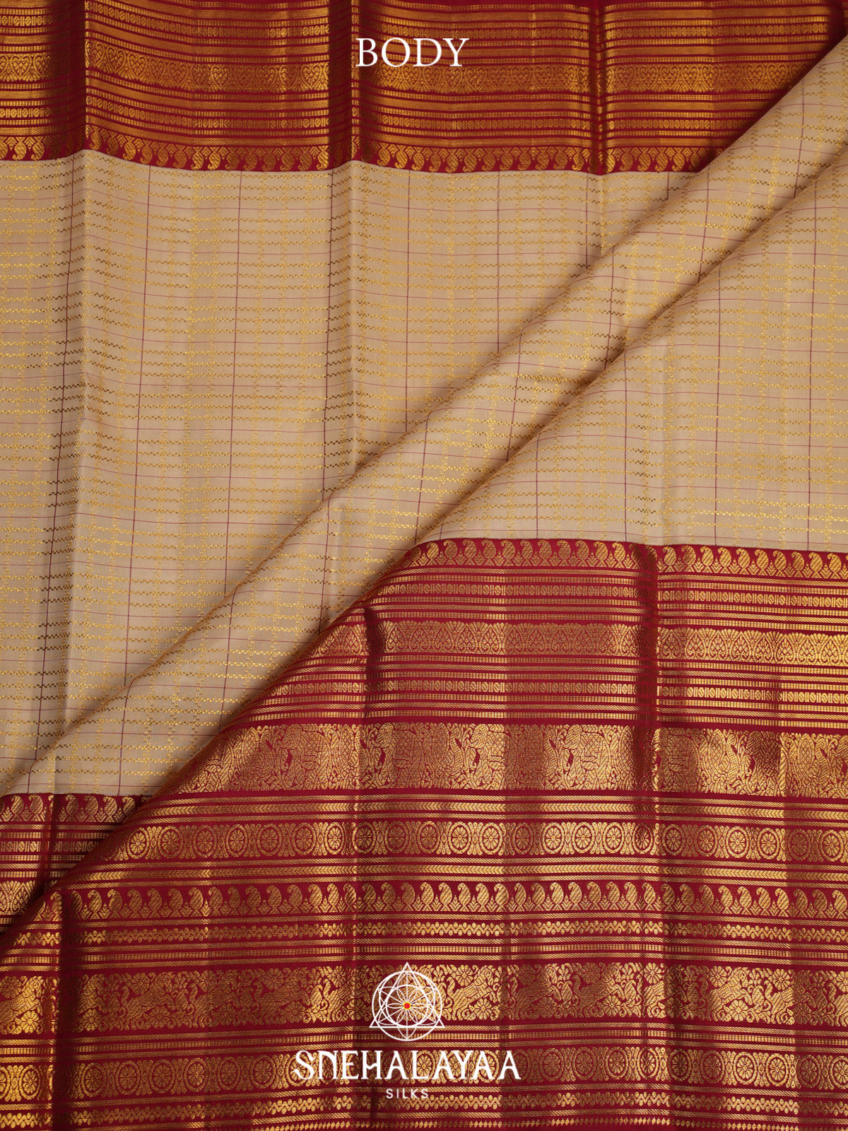Cream Kanjivaram Silk Saree with Red Zari Border