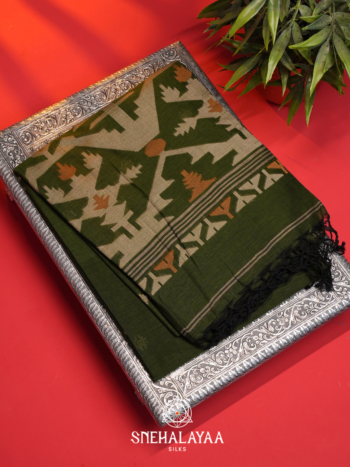 Olive Green Mul Cotton Saree