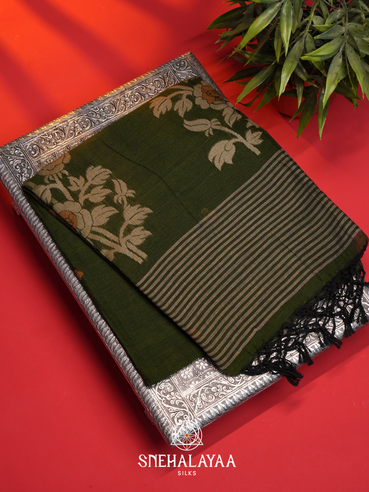 Olive Green Mul Cotton Saree