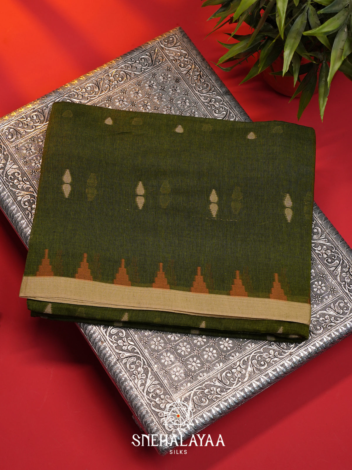 Olive Green Mul Cotton Saree