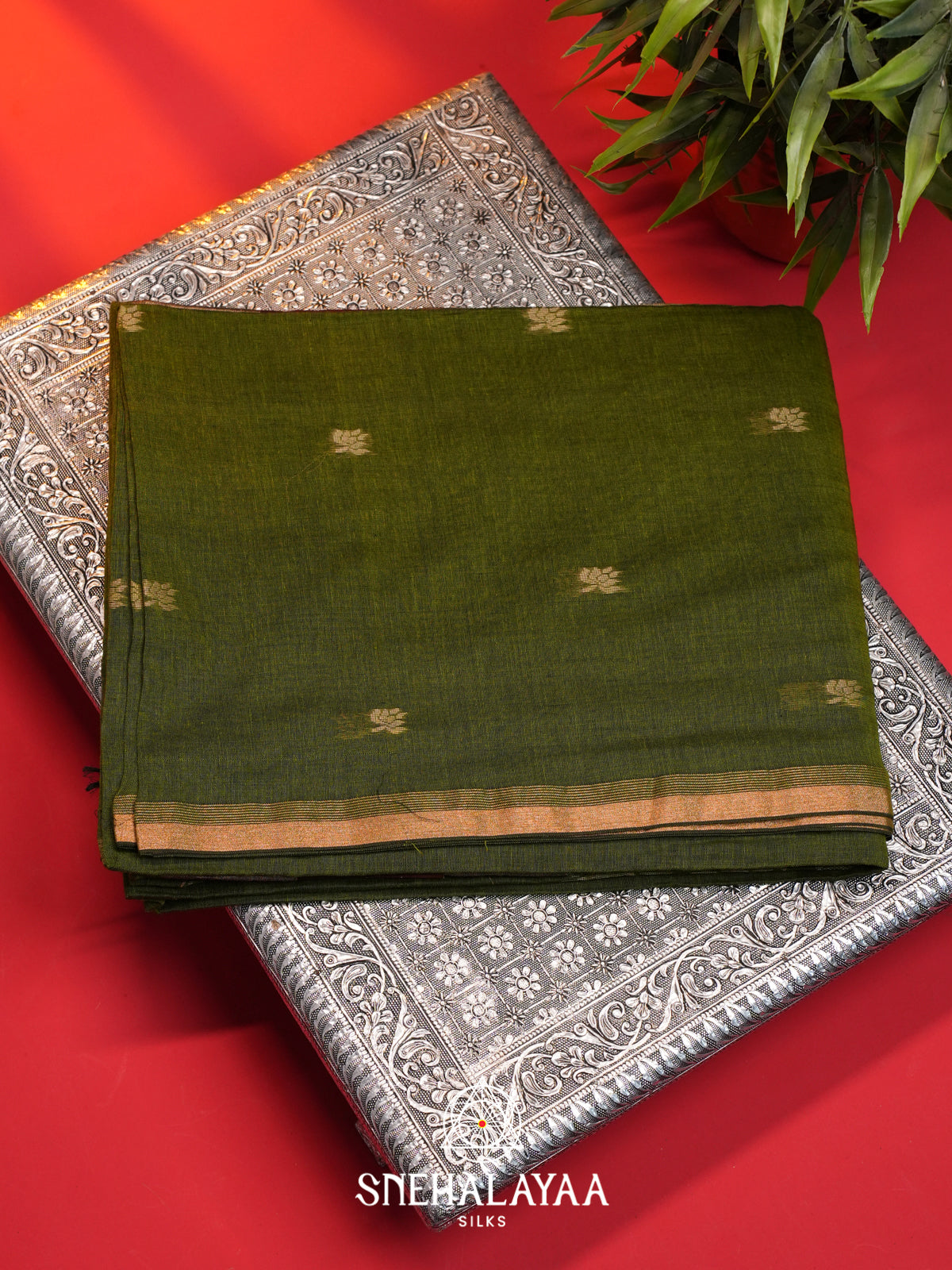 Olive Green Mul Cotton Saree