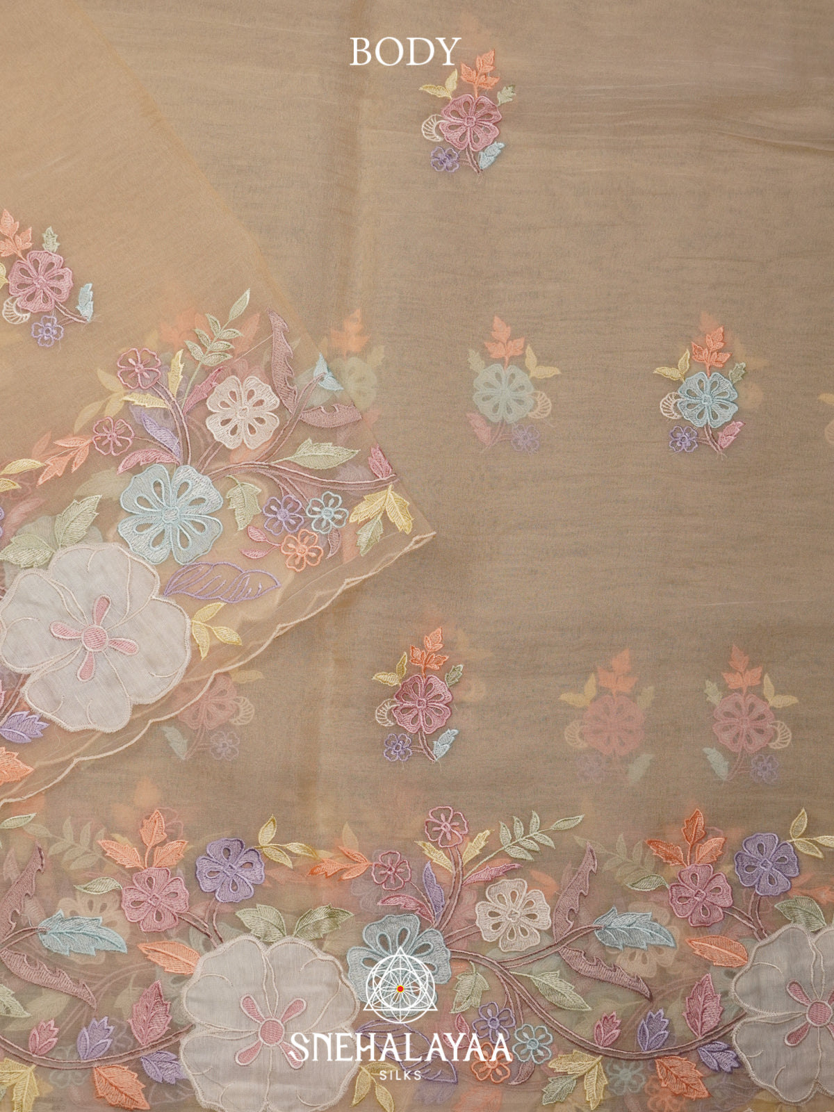 Beige Embroidery Organza Saree