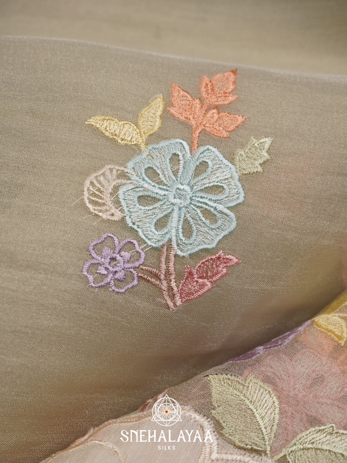 Cream Embroidery Organza Saree