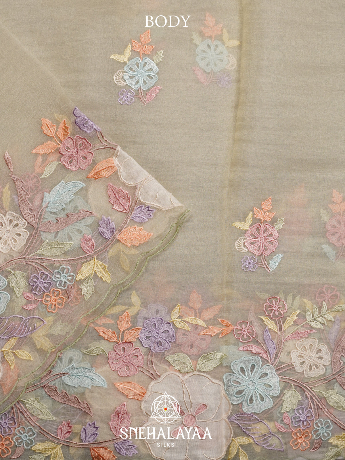 Cream Embroidery Organza Saree
