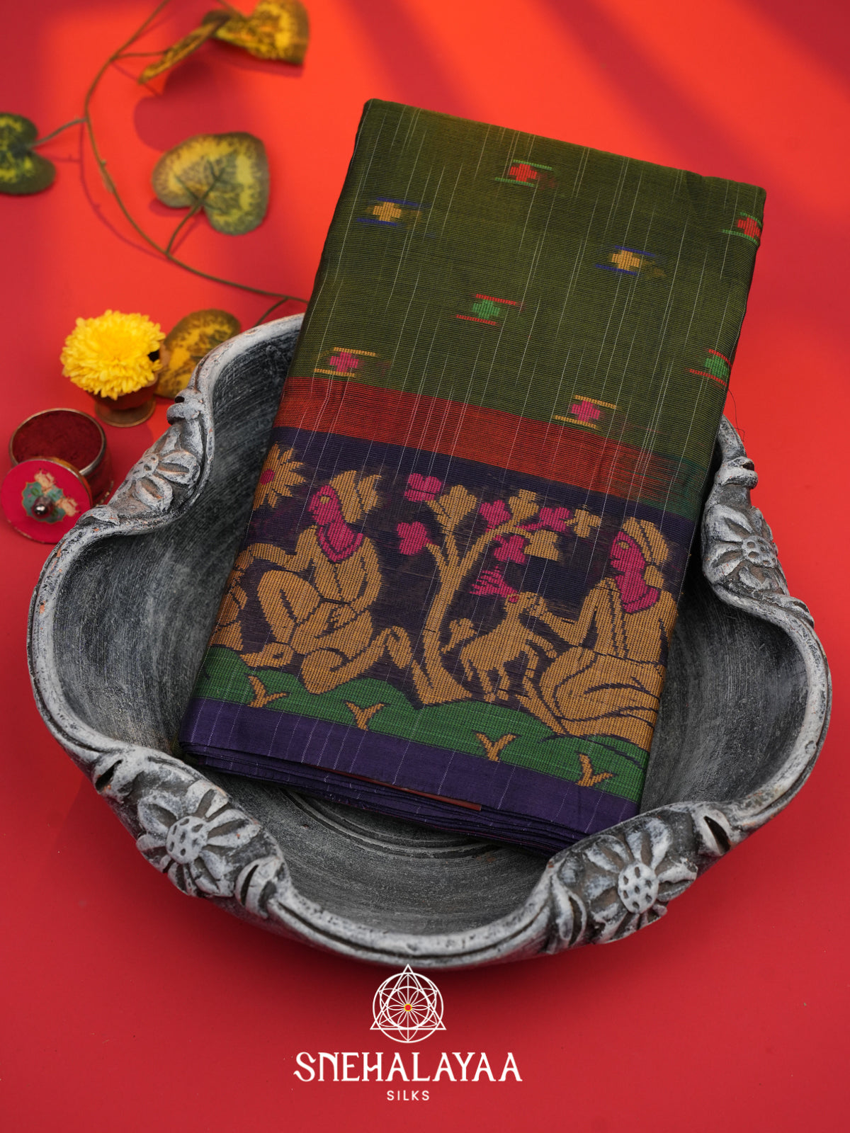 Olive Green Bengal Cotton Saree