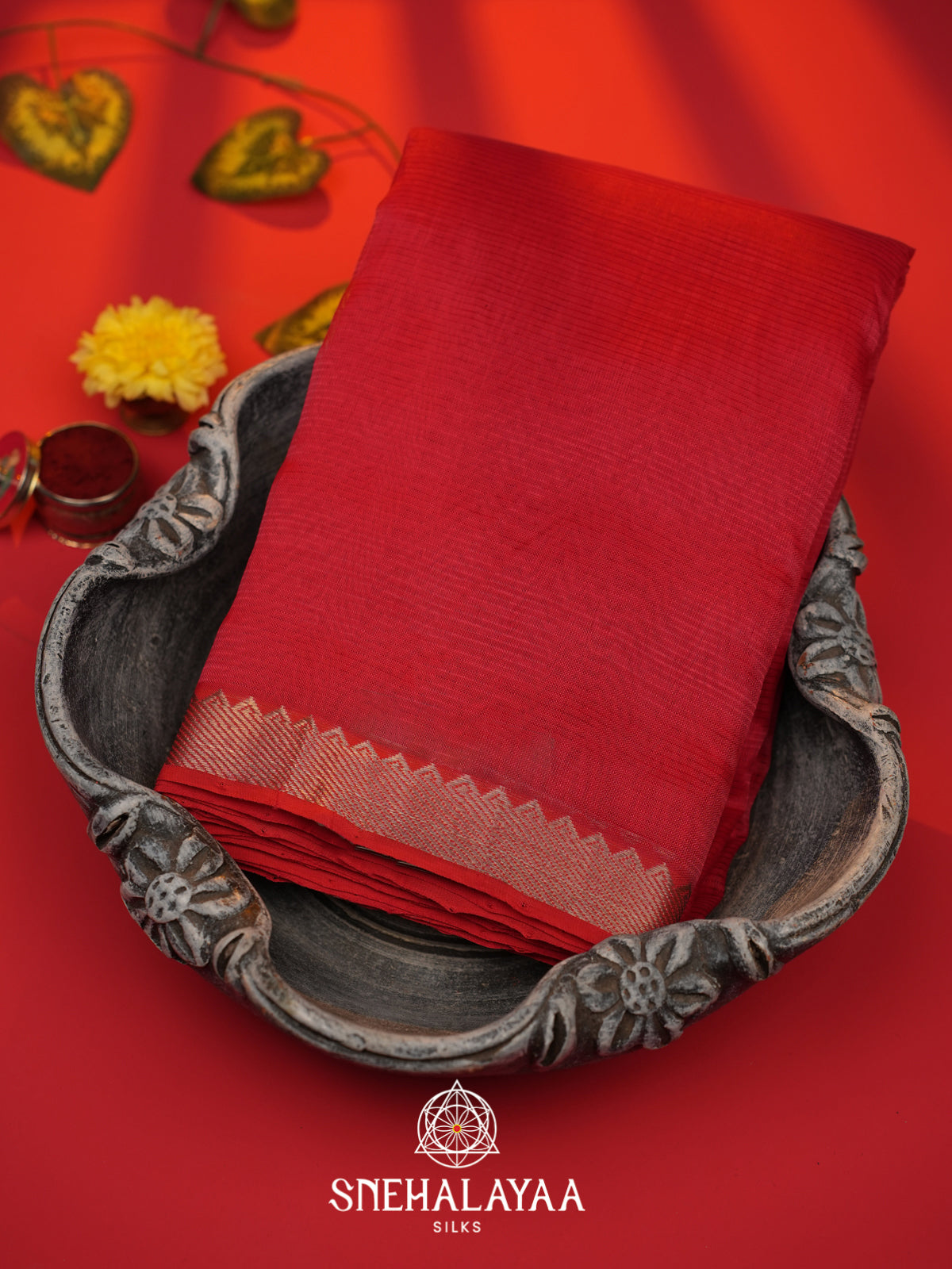Red  Mangalagiri Silk Cotton Saree with Printed Blouse