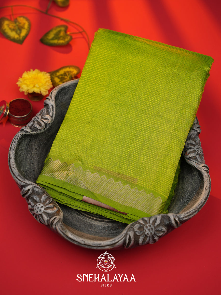 Lime Green  Mangalagiri Silk Cotton Saree with Printed Blouse