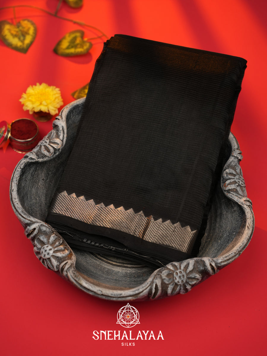 Black  Mangalagiri Silk Cotton Saree with Printed Blouse