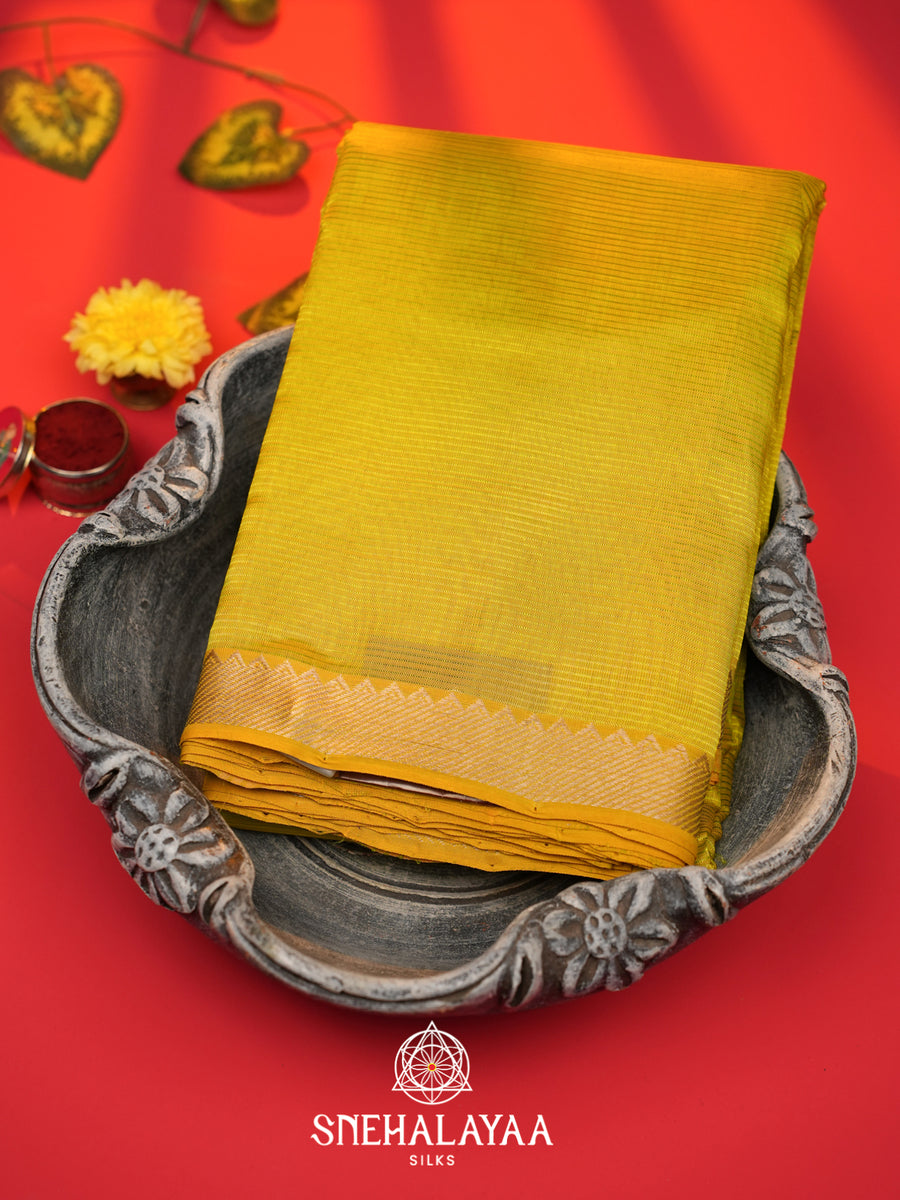 Lime Yellow  Mangalagiri Silk Cotton Saree with Printed Blouse