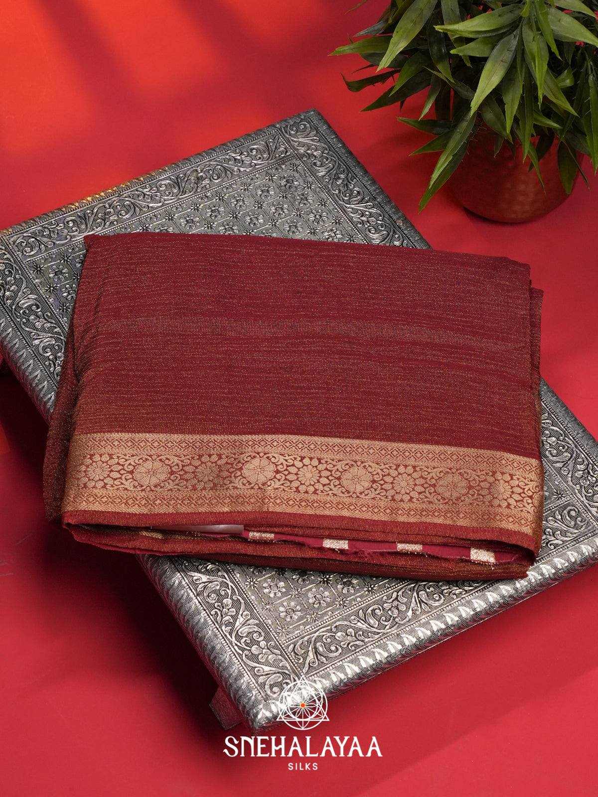 Maroon Crushed Tissue Saree