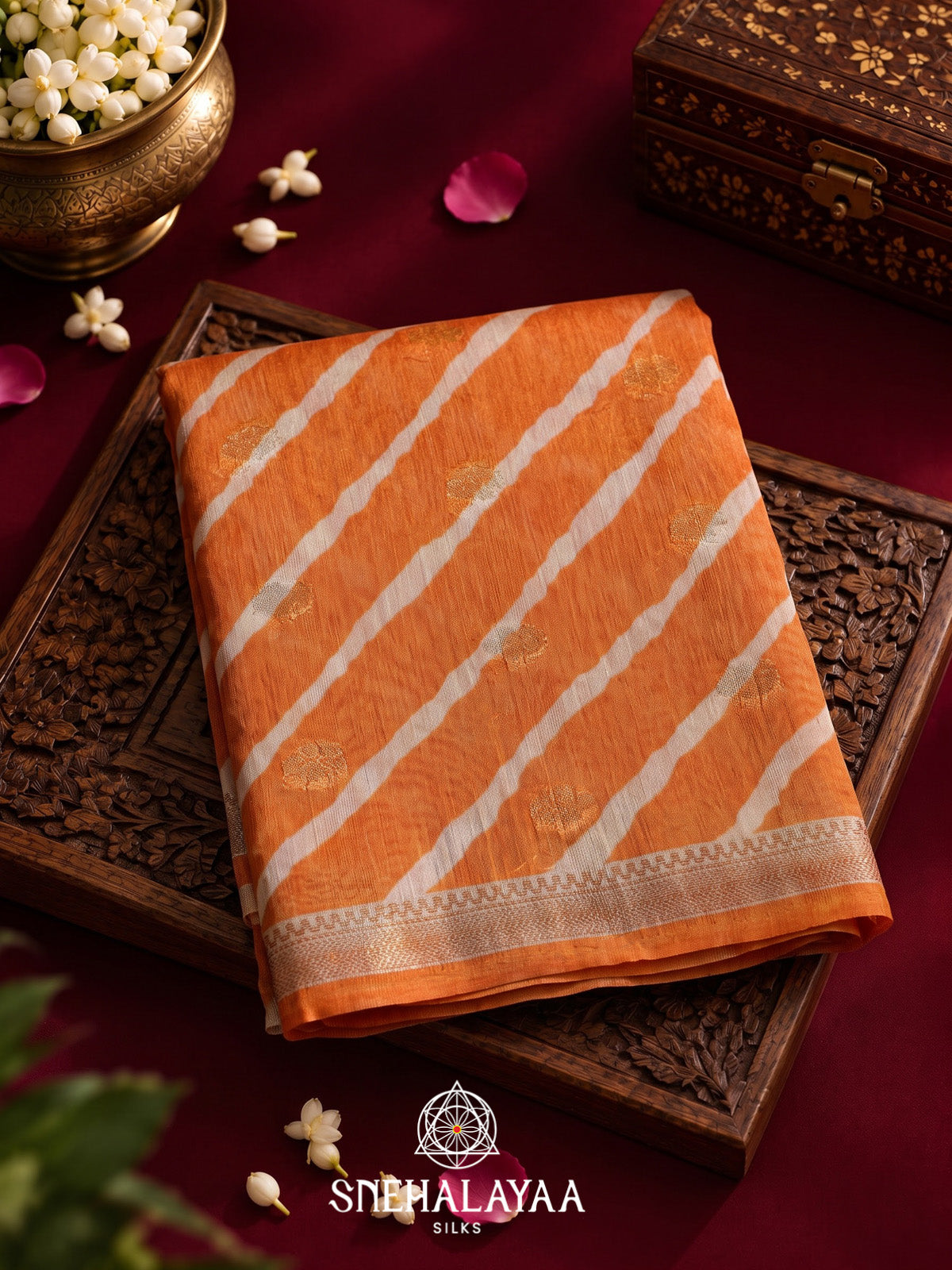 Orange Linen Saree with White Stripes
