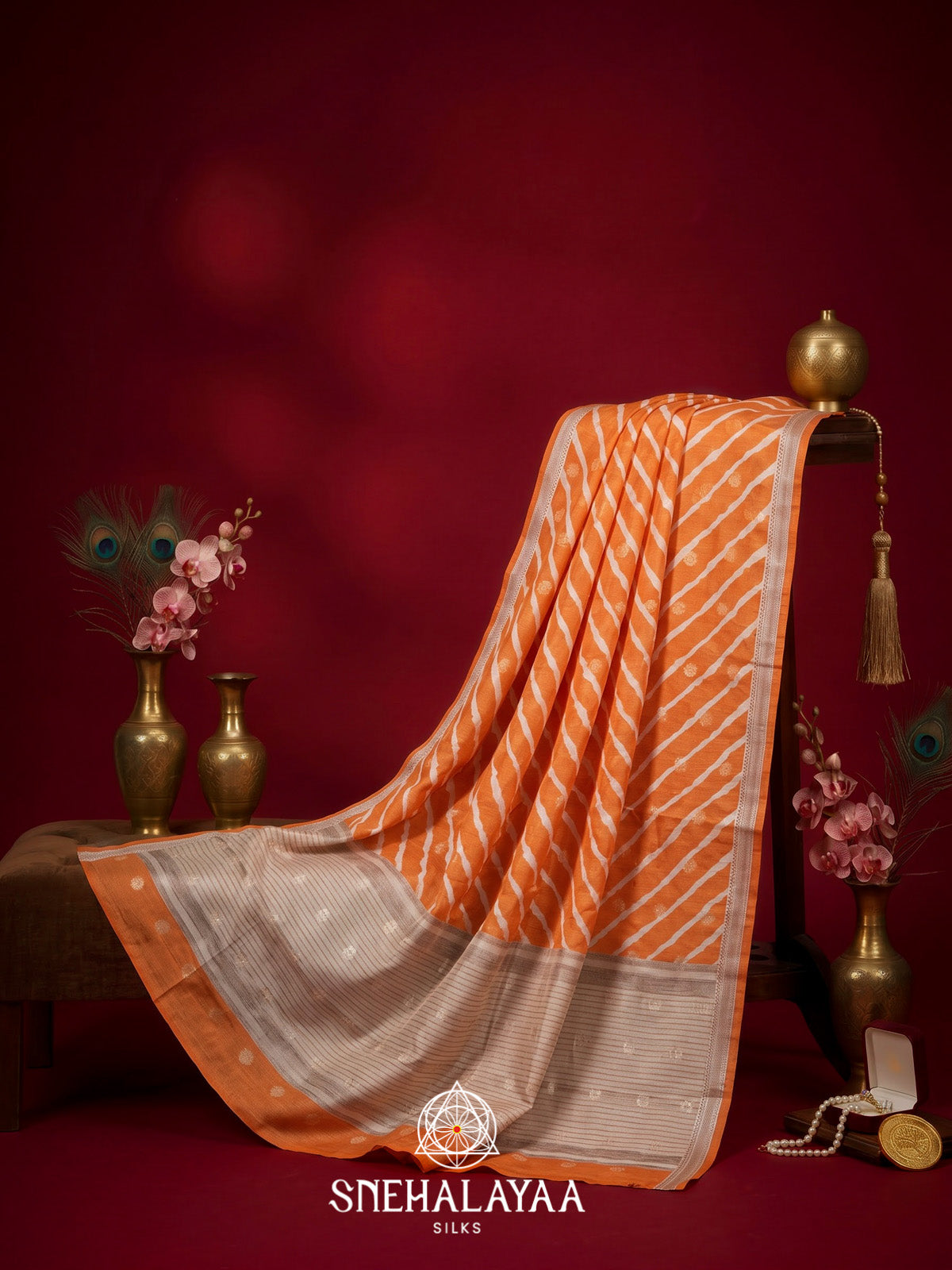 Orange Linen Saree with White Stripes