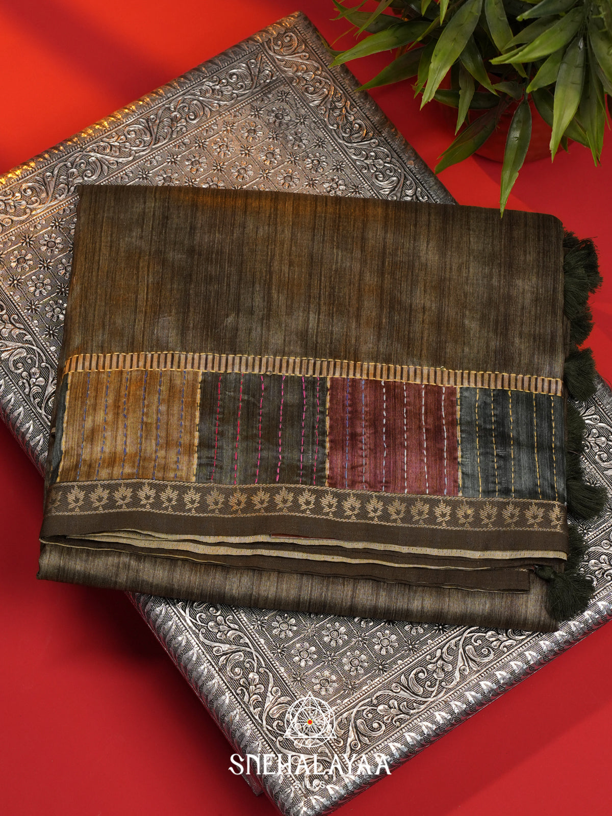 khaki green  Tussar Saree