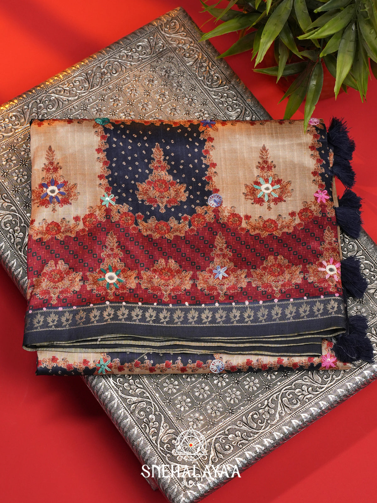 Beige with Blue Checked  Tussar Saree
