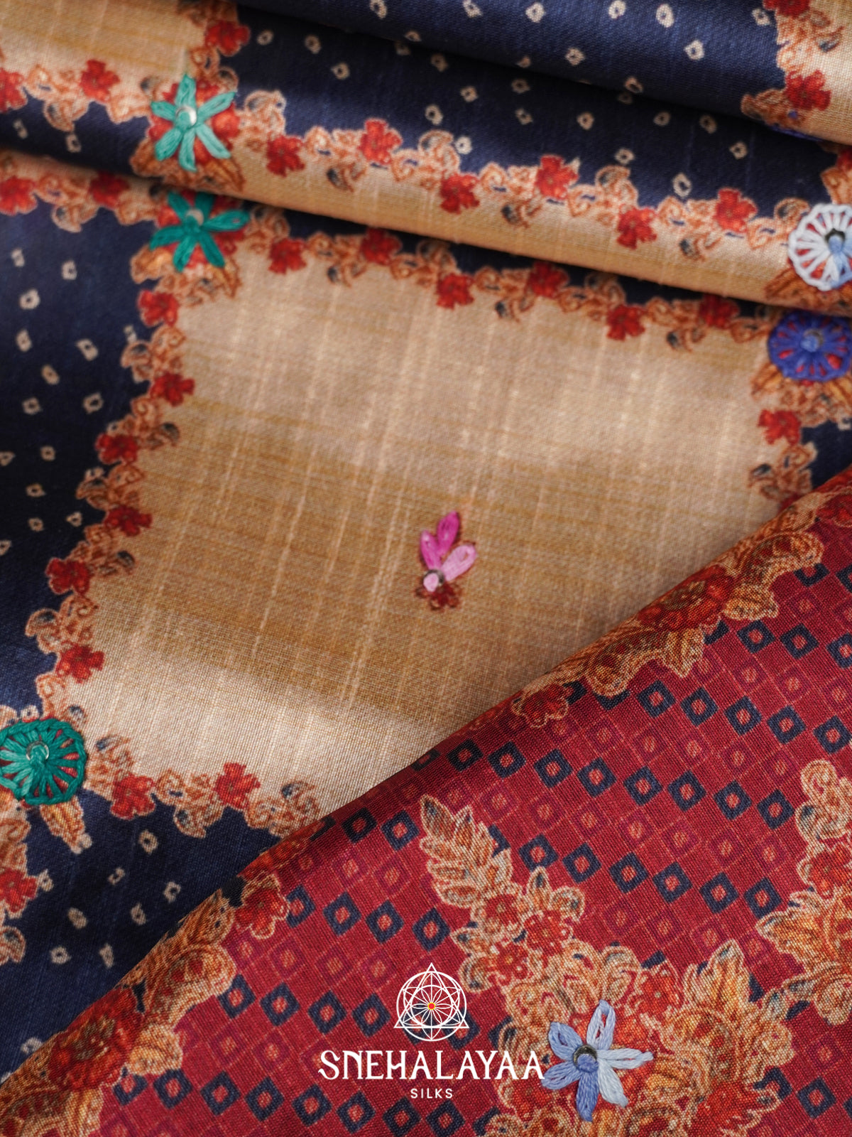 Beige with Blue Checked  Tussar Saree