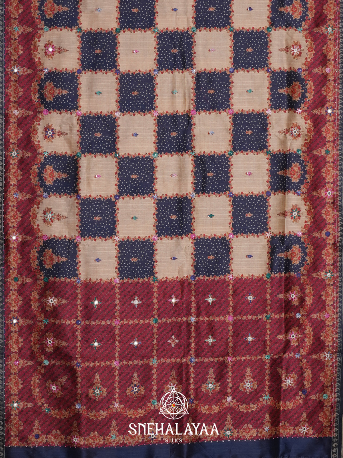 Beige with Blue Checked  Tussar Saree