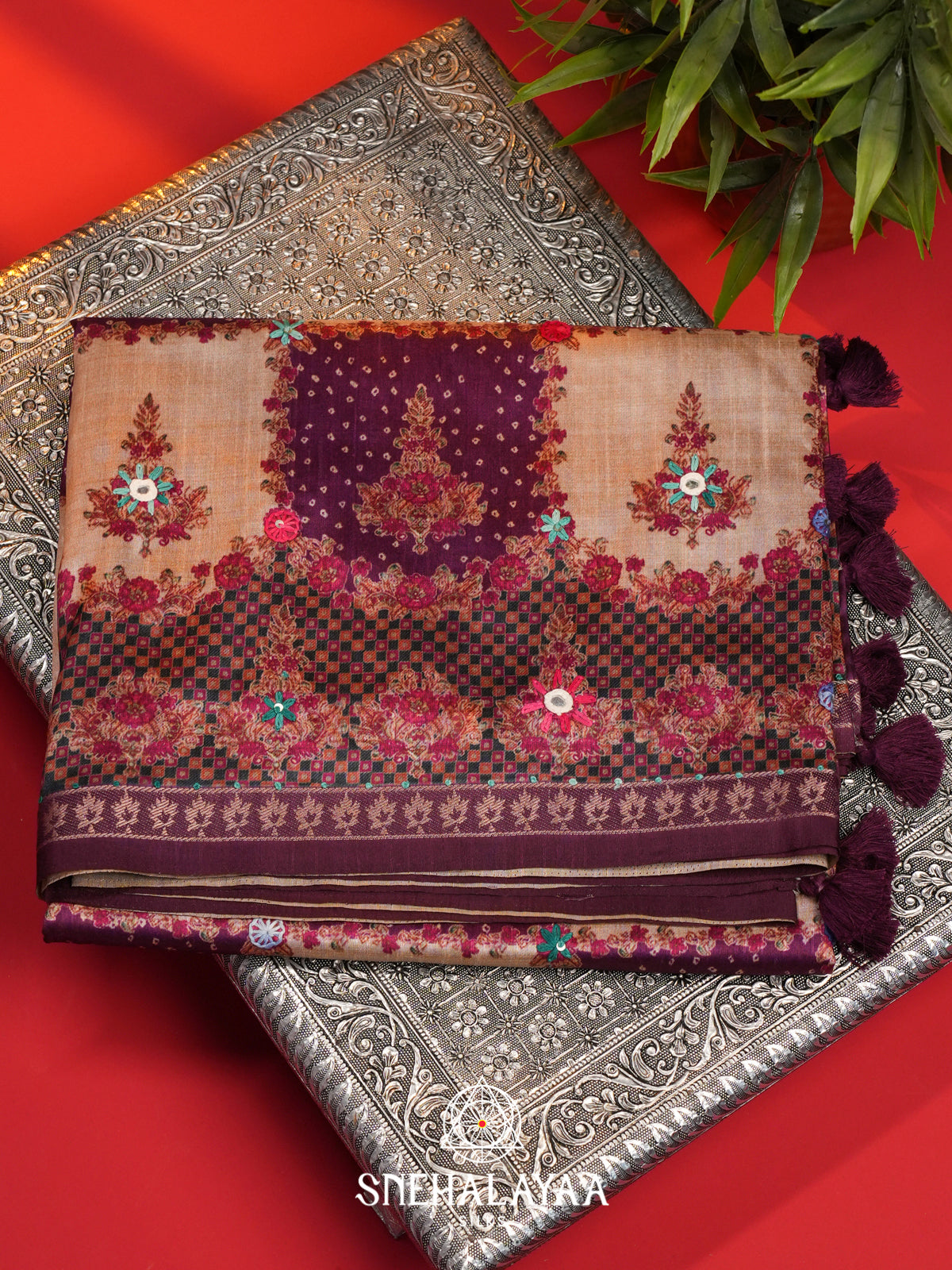 Beige with Purple Checked  Tussar Saree