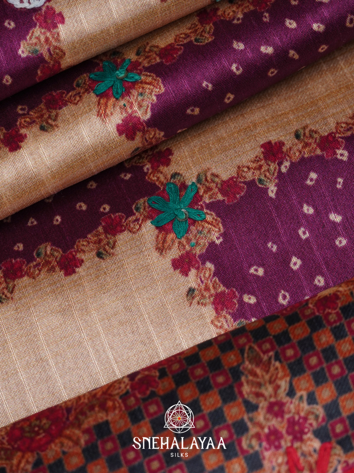 Beige with Purple Checked  Tussar Saree