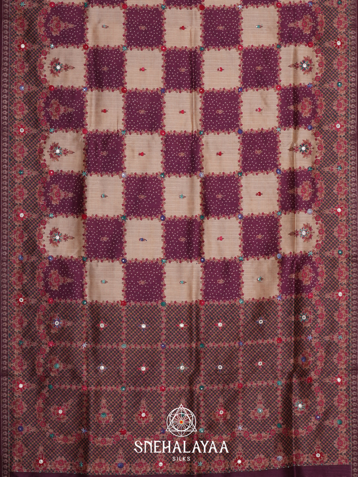 Beige with Purple Checked  Tussar Saree