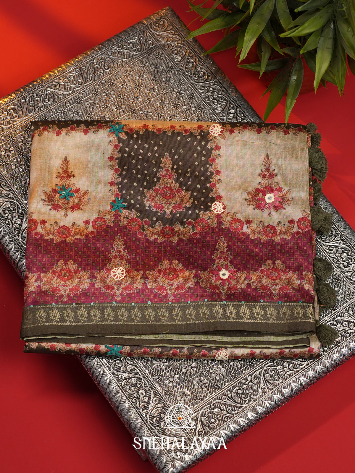 Beige with Brown Checked  Tussar Saree
