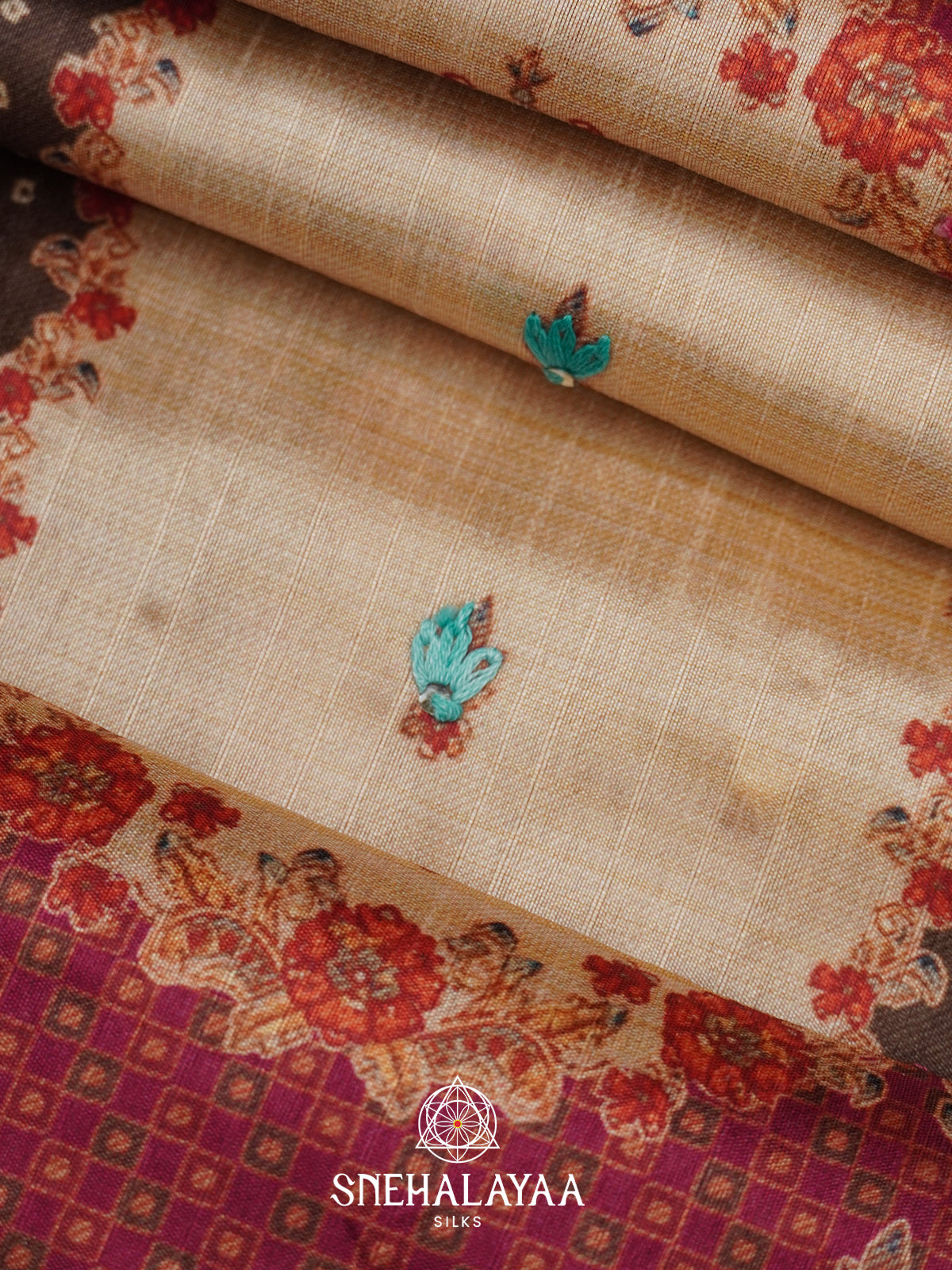 Beige with Brown Checked  Tussar Saree