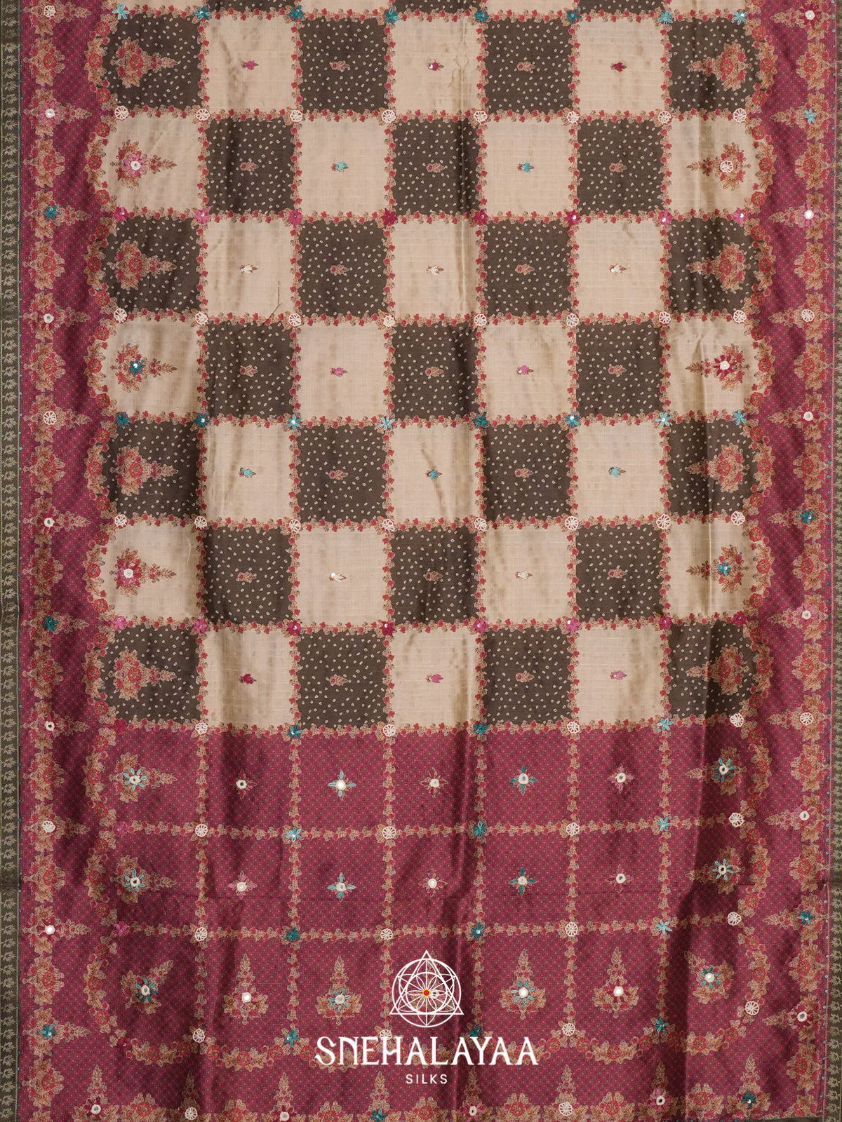 Beige with Brown Checked  Tussar Saree