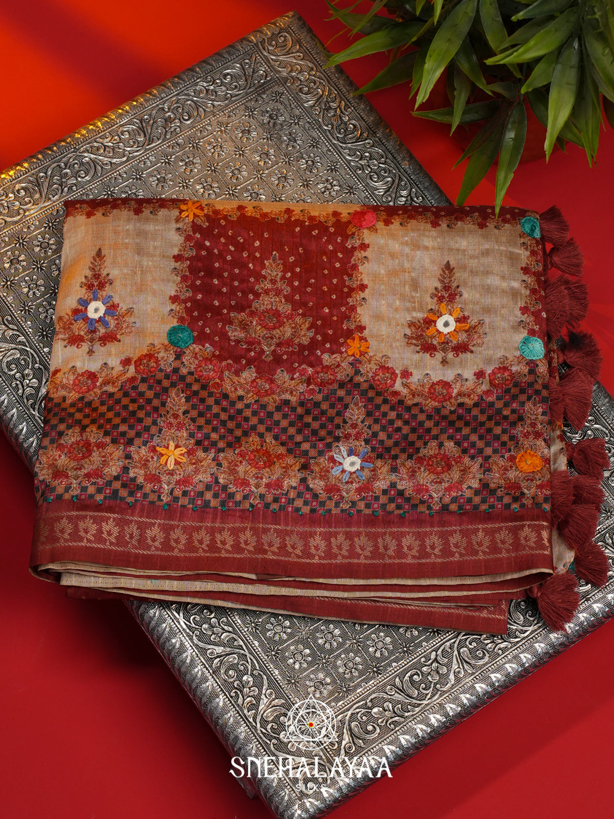 Beige with Maroon Checked  Tussar Saree