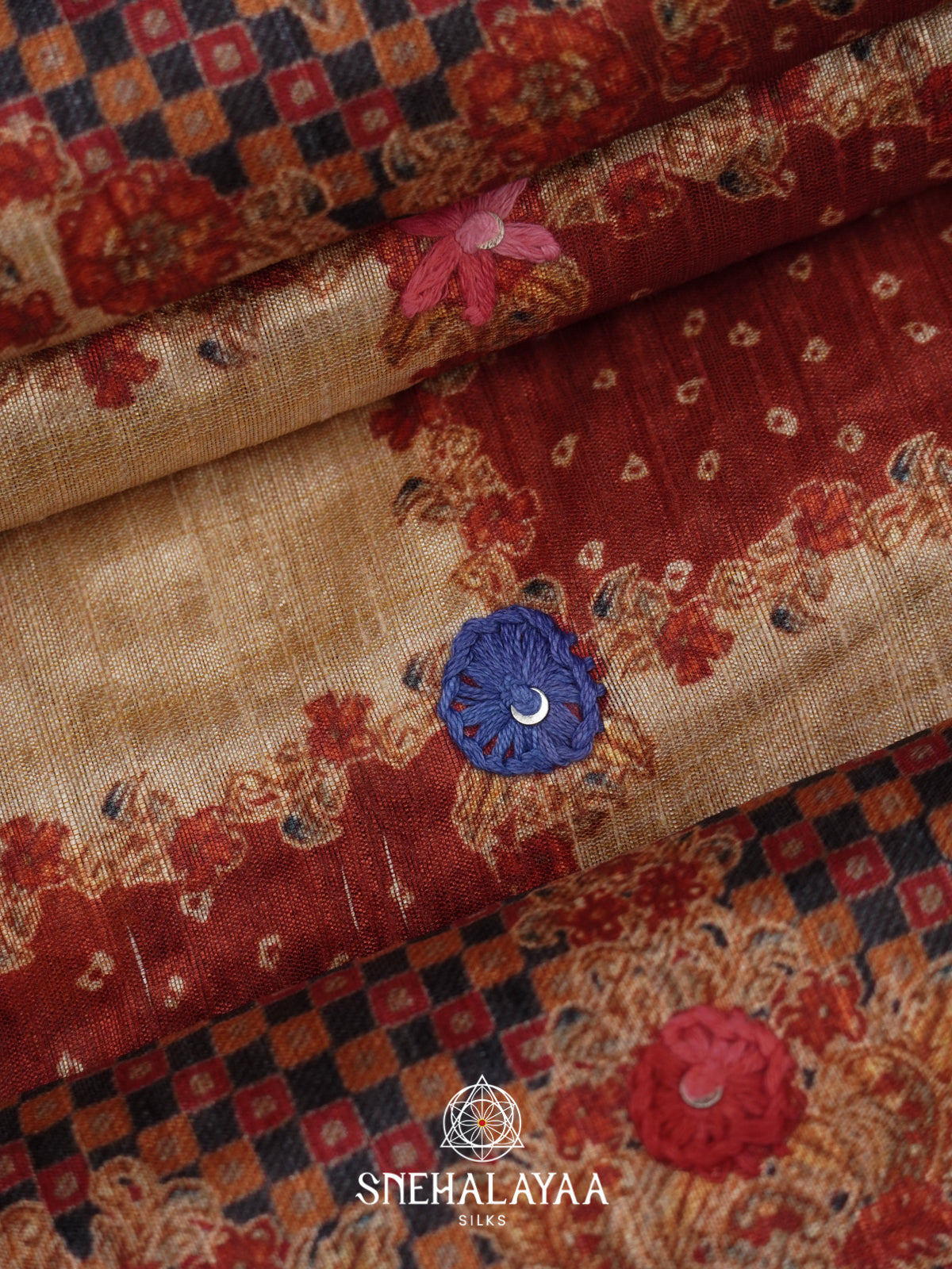 Beige with Maroon Checked  Tussar Saree