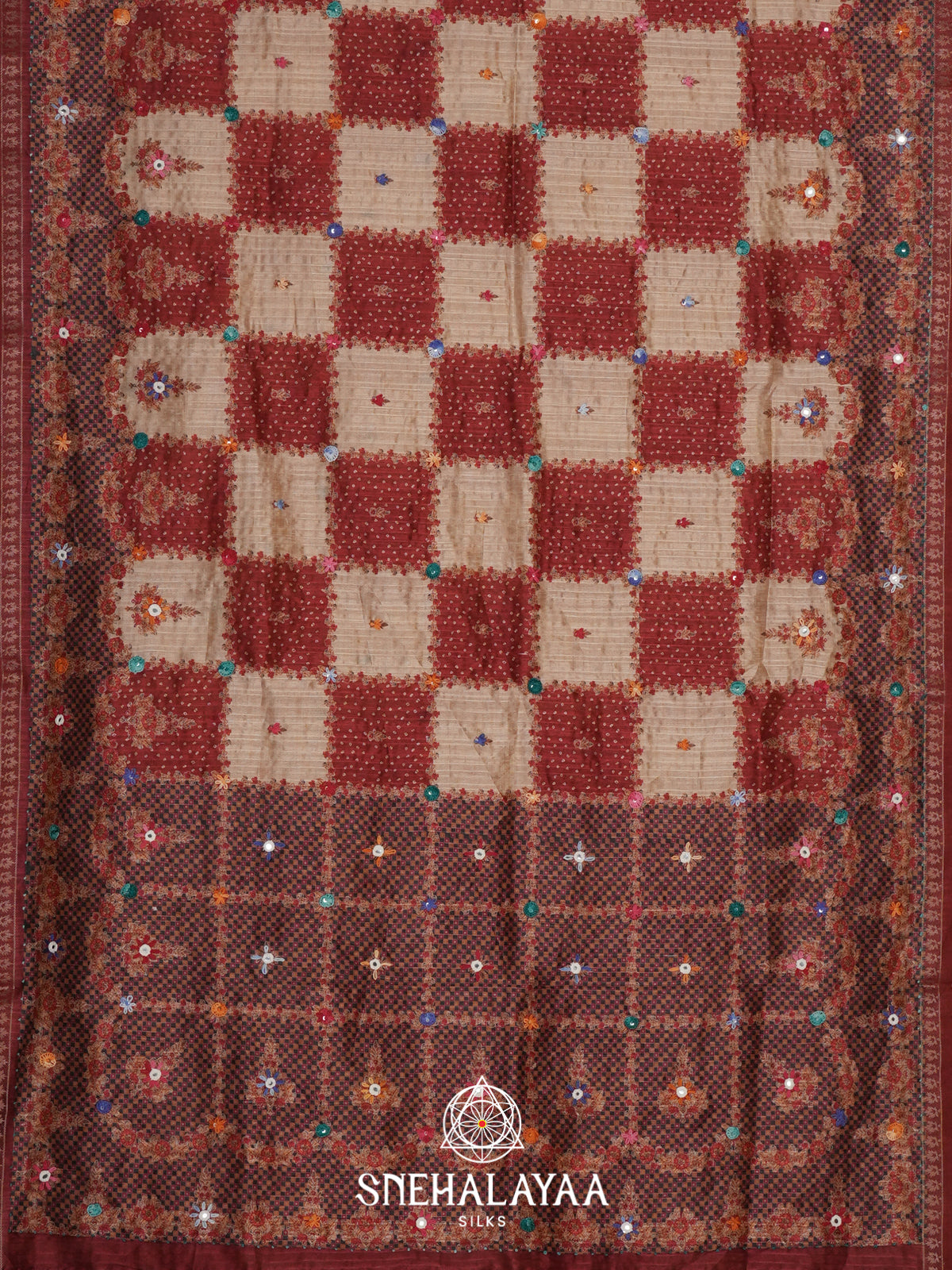 Beige with Maroon Checked  Tussar Saree