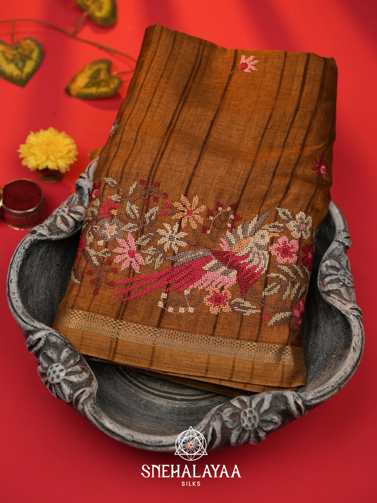 Caramel Brown  Tussar Saree