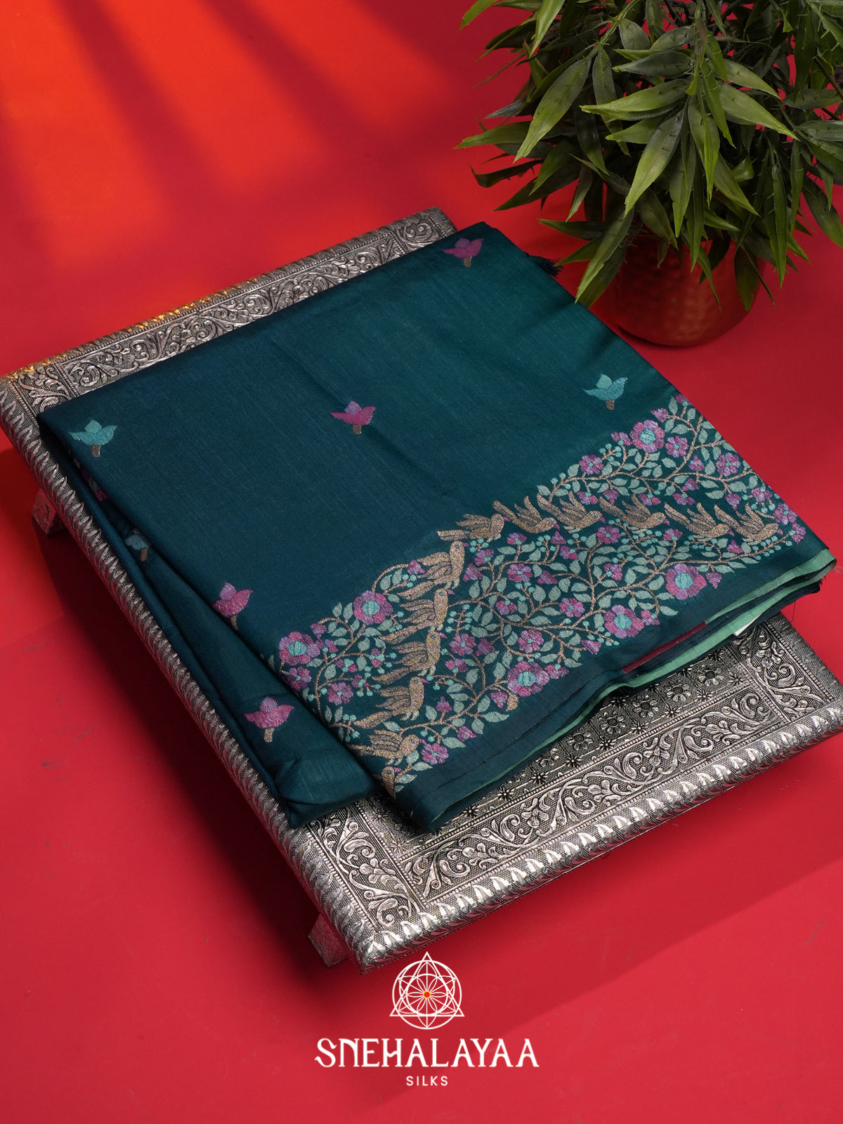 Teal Green Raw Silk Saree