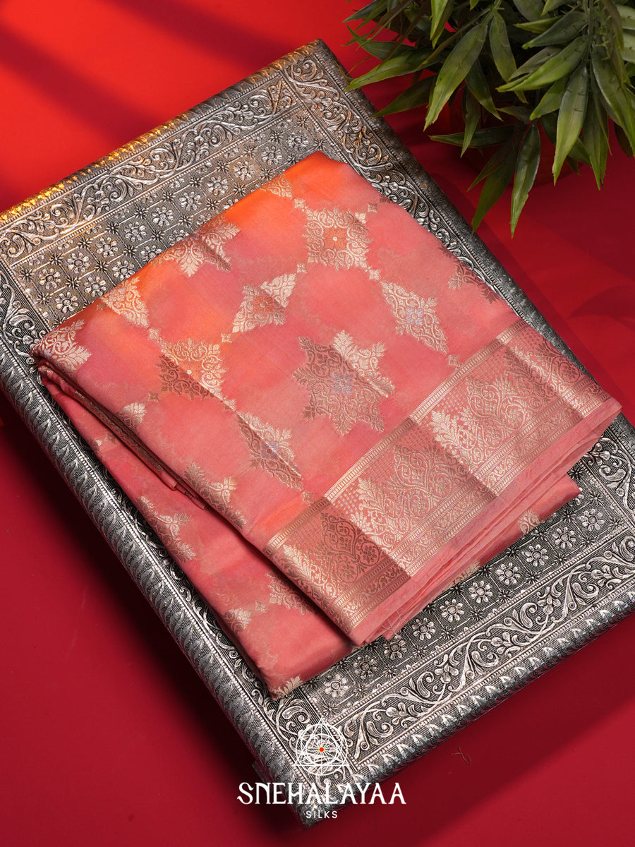 Peach Pink  Dupion Silk Saree