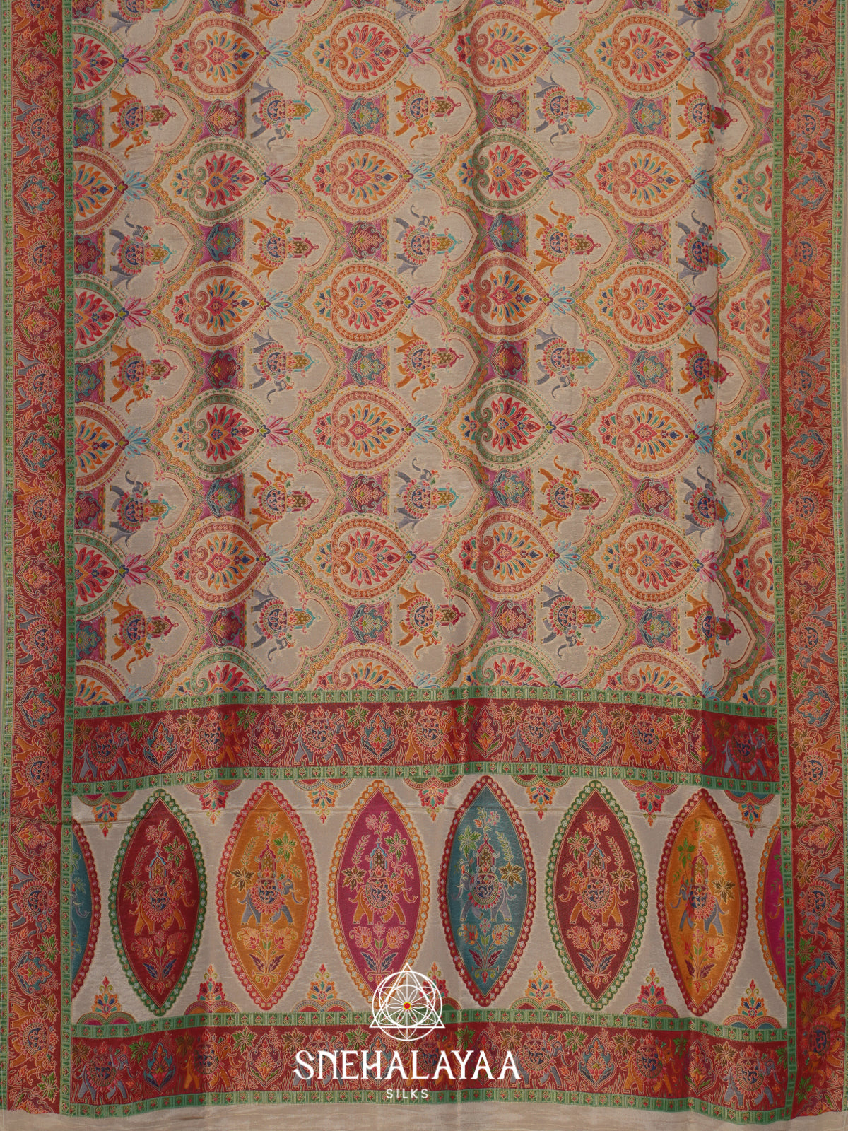 Beige Elephant Motif Banarasi Silk Saree