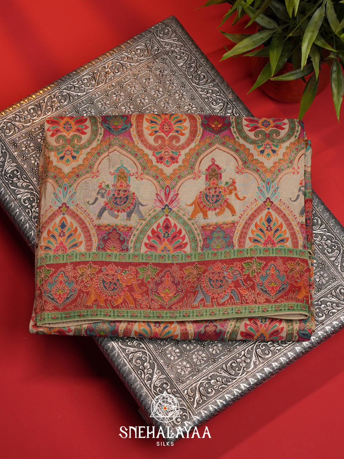 Beige Elephant Motif Banarasi Silk Saree
