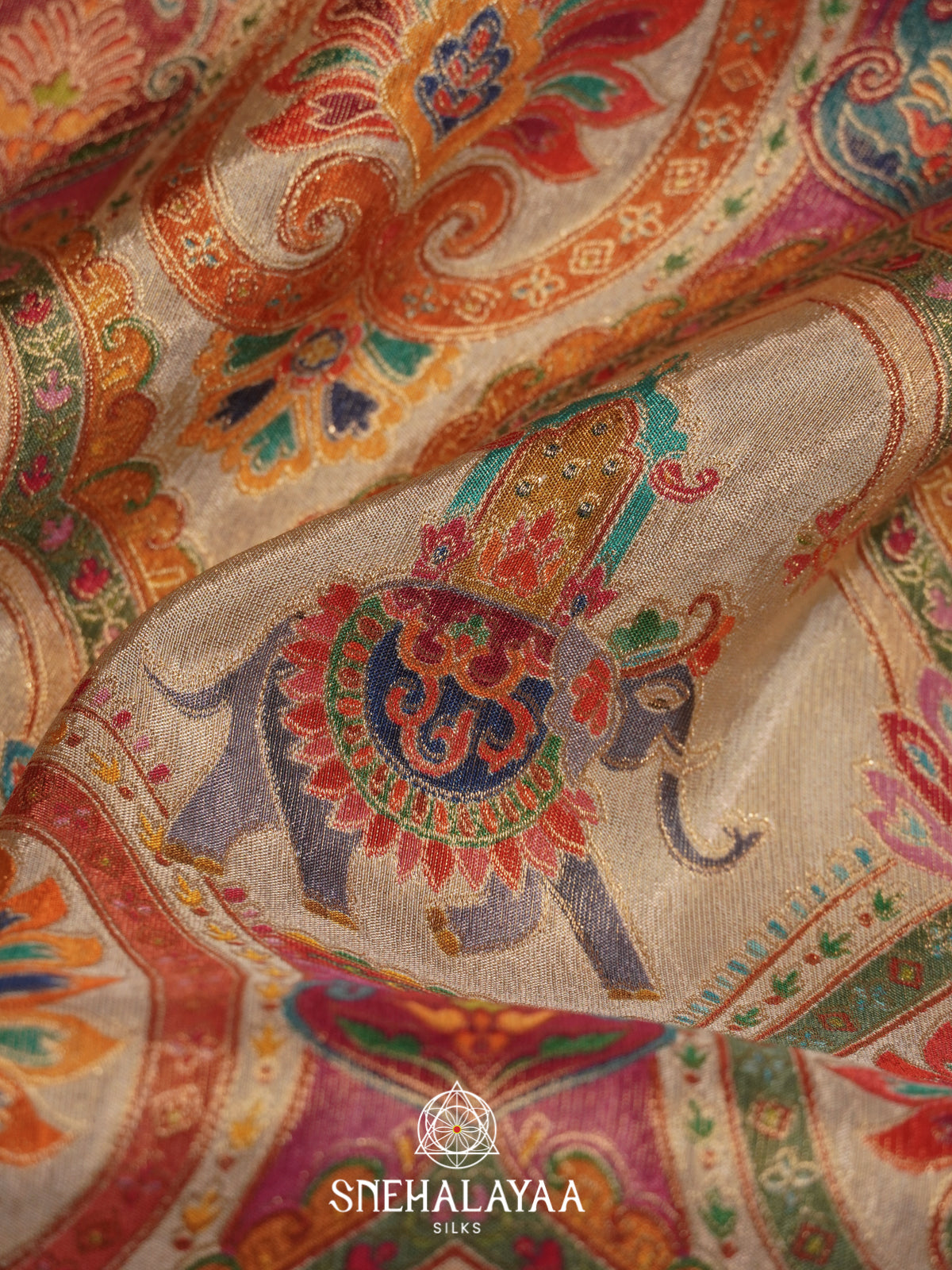 Beige Elephant Motif Banarasi Silk Saree