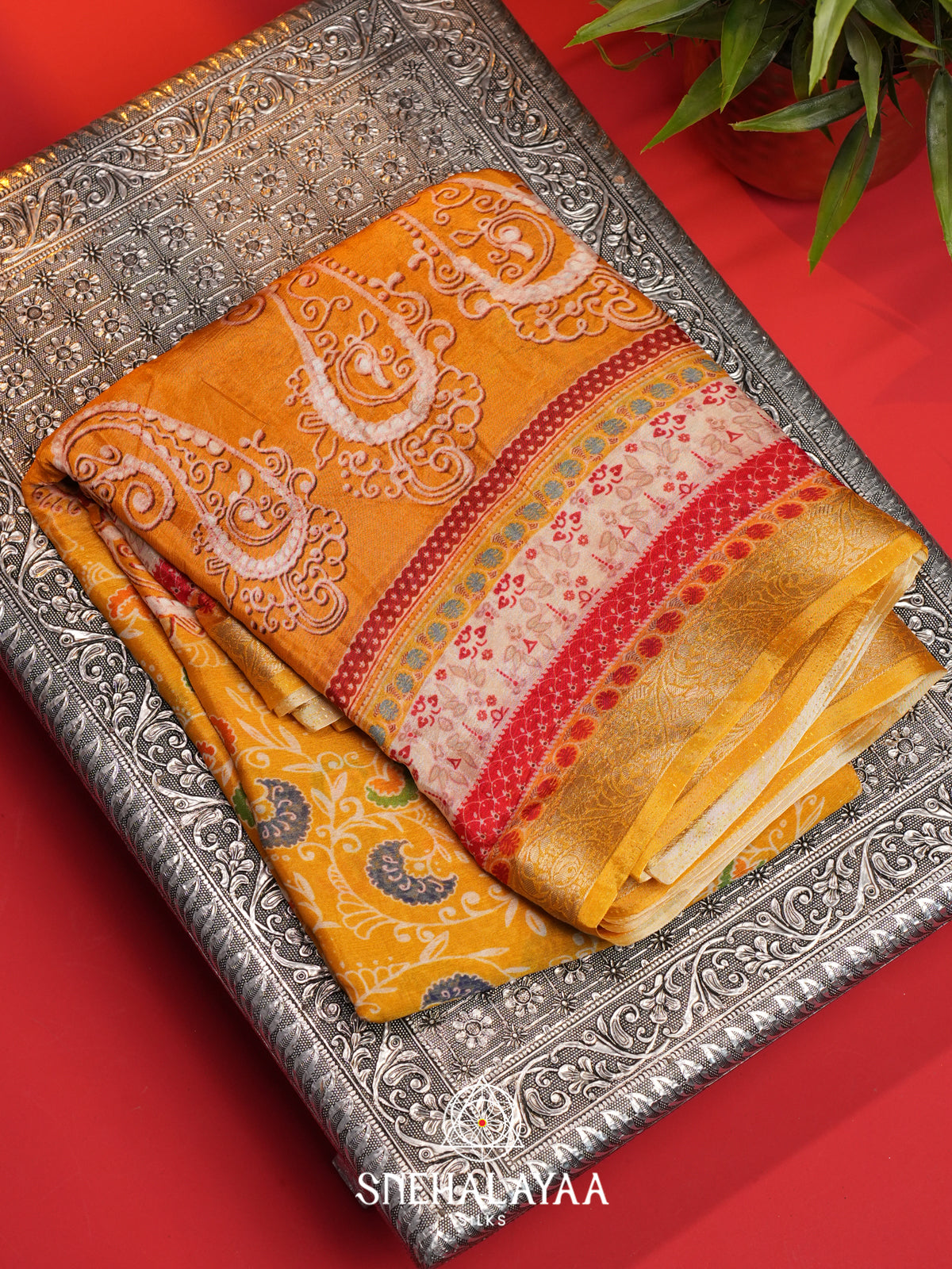 Yellow Semi Crepe Silk Saree