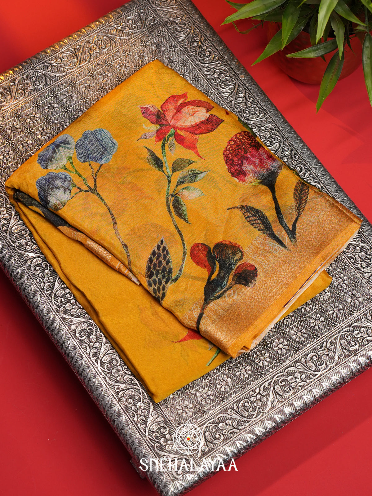 Yellow Semi Crepe Silk Saree