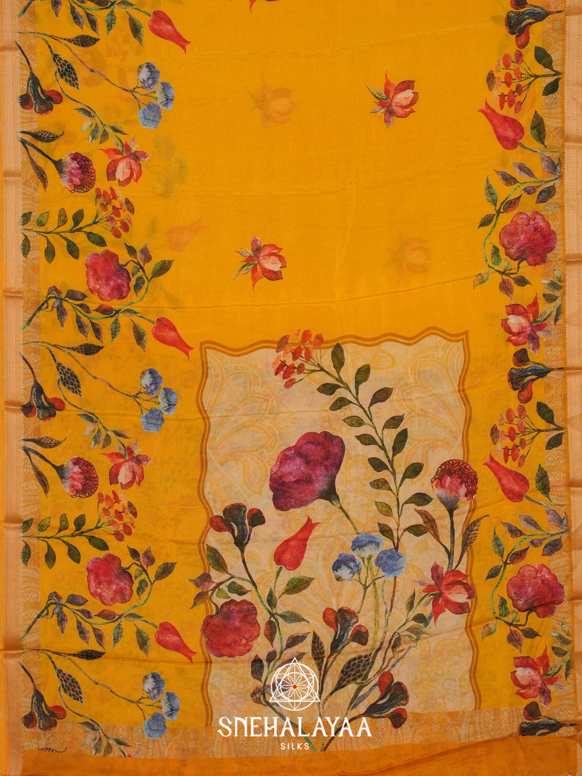 Yellow Semi Crepe Silk Saree