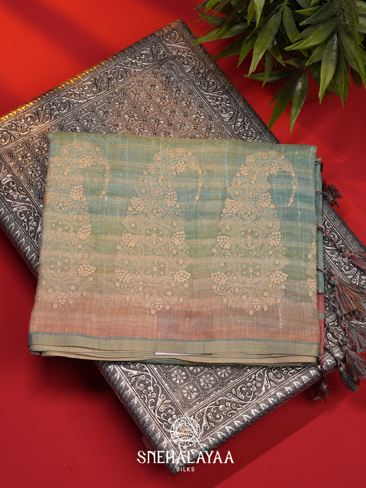 Seafoam Green  Linen Saree