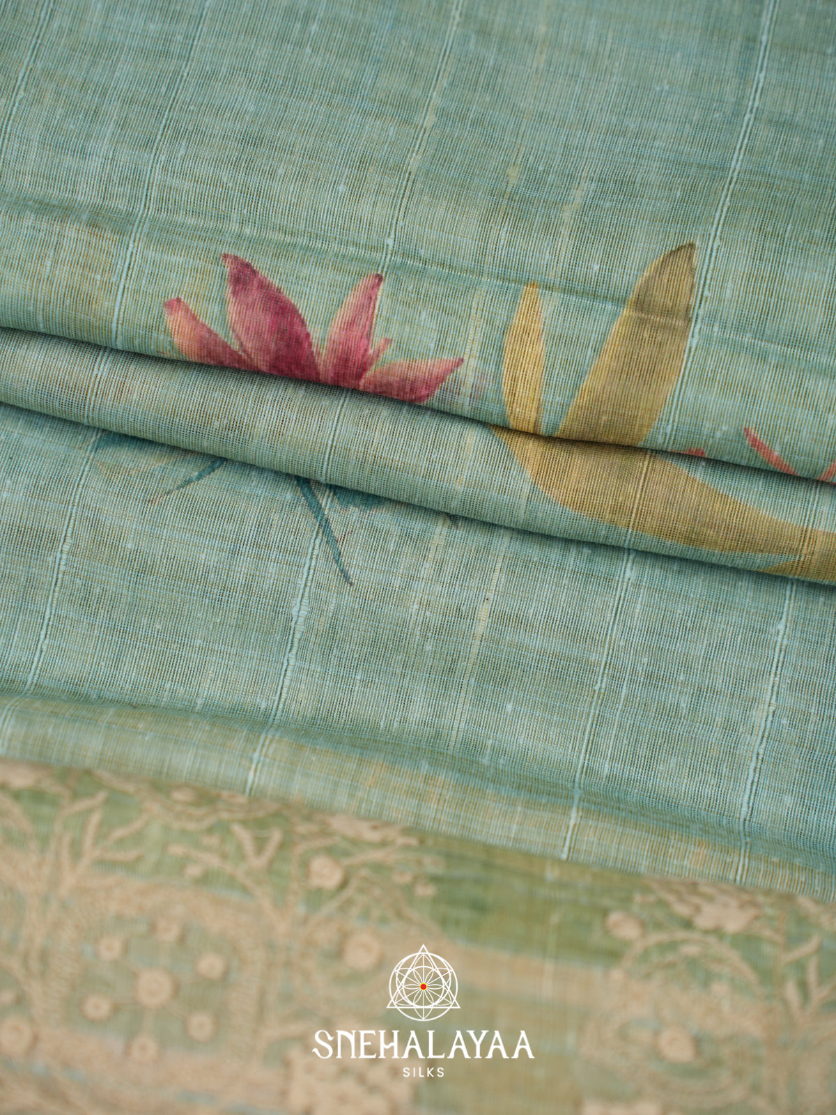 Seafoam Green  Linen Saree